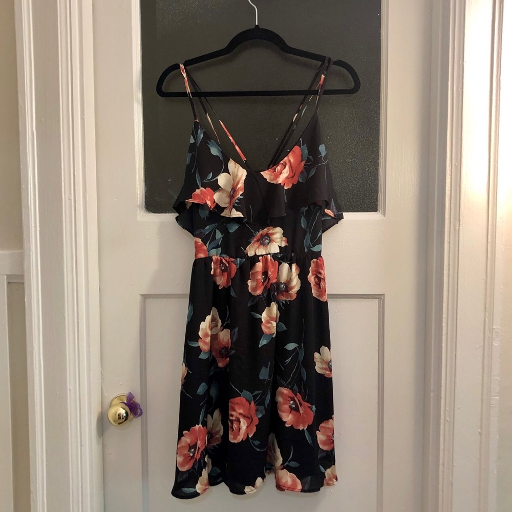 Black floral strappy cocktail dress